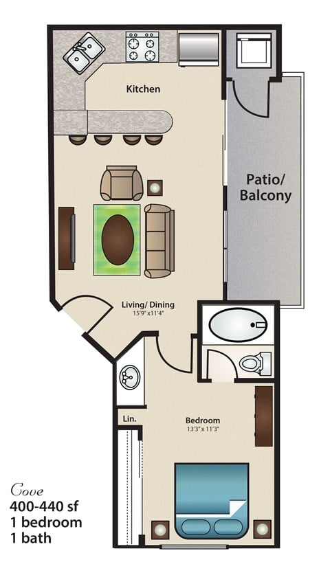 Floor plan for 1 bed, 1 bath, 440 sqft